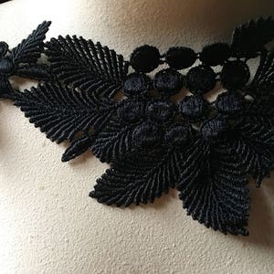 May include: Black lace applique with a floral design, including leaves and circular elements. The detailed lace work is evident, highlighting the delicate craftsmanship. This trim is suitable for sewing and craft projects. (approx. 10 cm)