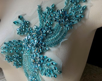 TURQUOISE Teal RHINESTONE Applique Beaded #1  for Lyrical Dance, Ballroom Dance, Costumes, Garments F70b-1