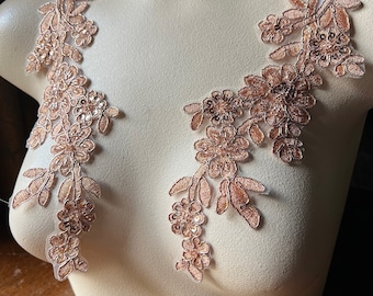 Rose Gold Beaded Corded Lace Applique Pair: Floral Costume Design PR 43