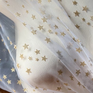 White with Gold Stars Tulle Netting Veiling Celestial for Lyrical Dance, Costumes, Garments, Millinery