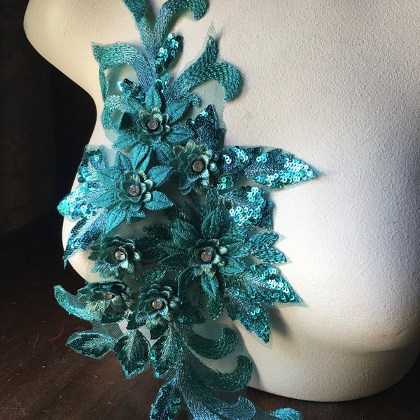 TEAL 3D Applique , Beaded, Embroidered with Rhinestones for Lyrical Dance, Ballet, Couture Gowns F76