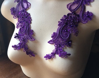 Violet Purple Applique Pair  Beaded Applique Lace for Lyrical Dance, Ballroom Dance, Costumes, Bridal, Bridesmaids Sashes PR 114