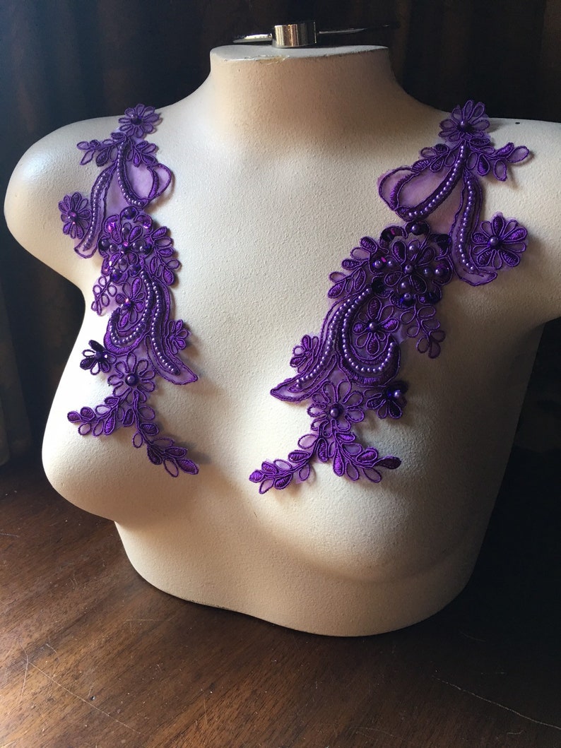 Violet Purple Applique Pair Beaded Applique Lace for Lyrical Dance, Ballroom Dance, Costumes, Bridal, Bridesmaids Sashes PR 114 image 1