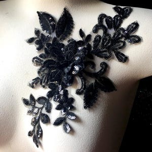 BLACK 3D Applique Sequined for GRAD, Lyrical Dance, Ballet, Couture Gowns F75