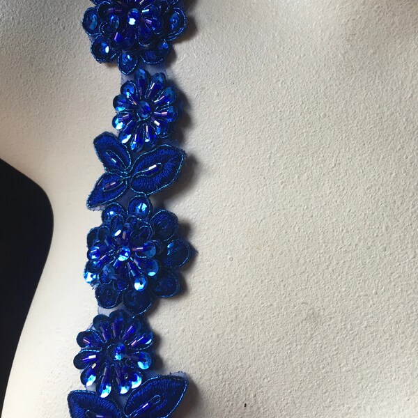 12" AB Sapphire ROYAL Blue Beaded Applique Trim 12"  for Lyrical Dance, Costume or Jewelry Design, Crafts TR 249 scAB