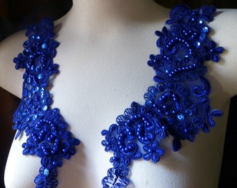 Sapphire Royal Blue Appliques Beaded Lace Applique PAIR for Lyrical Dance, Bridal, Headbands, Costume Design PR 612 cob