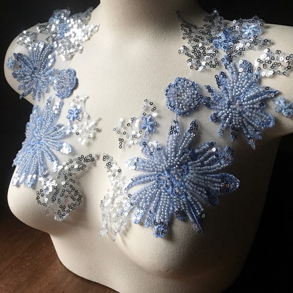 Periwinkle BLuE 3D Applique PAIR Beaded and Embroidered for Lyrical Dance, Ballet, Couture Gowns F138