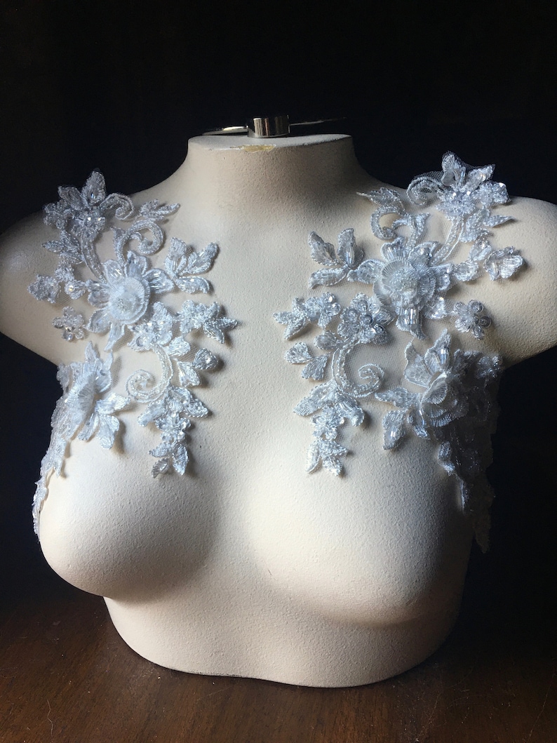 Ballet Couture Gowns F105 WHITE Applique PAIR Beaded Alencon Lace for Lyrical Dance