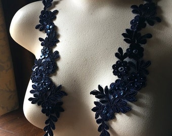 MIDNIGHT BLUE Beaded Applique Pair for Lyrical Dance, Bridal, Headbands, Sashes PR 198 mb