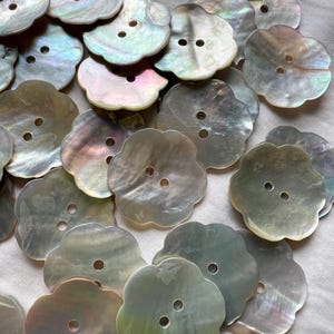 May include: A collection of iridescent white shell buttons with a flower-shaped design. Each button has two holes and a slightly raised center.