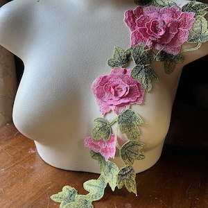 Pode incluir: Bordado de renda floral rosa e verde com um design de videira. A renda está em um manequim branco.