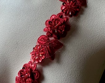 12" RED Beaded Applique Trim 12"  for Lyrical Dance, Valentines, Garments, Costumes TR 249 red