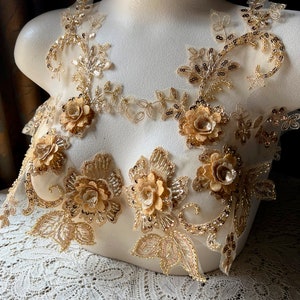 BRIGHT GOLD 3d Applique PAiR Beaded with Sequins for Lyrical Dance, Ballet, Couture Gowns F193