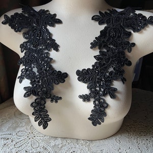 BLACK Applique Beaded Lace Pair for Lyrical Dance, Bridal, Headbands, Sashes, Costume Design PR 96 bl New Lot image 3