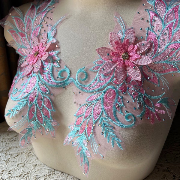 Aqua & Pink 3D Rhinestone Applique Pair: Bollywood Dance, Lyrical (SECOND quality) F32