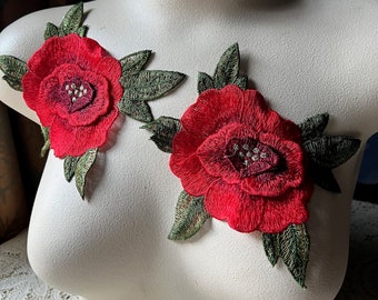 2 pcs. Red 3D Rose Lace Appliques: Floral Garment Embellishments CA 986