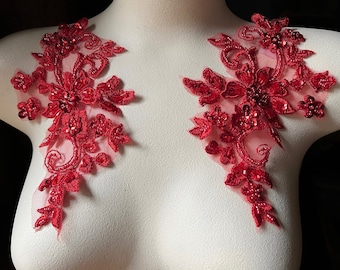 RED Applique PAIR Beaded Alencon Lace for Lyrical Dance, Ballet, Couture Gowns F134