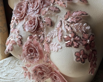 Aplique de encaje 3D con cuentas rosa palo: Vestido con lentejuelas, adorno para disfraz F2C