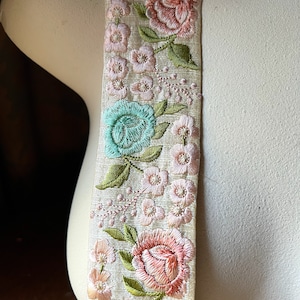 Peach & Aqua Embroidered Sari Trim: Floral Silk Fabric, 2" Wide TR 376 pchaq