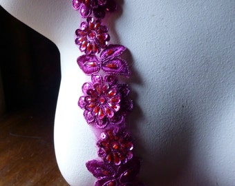 Fuchsia Pink Beaded Applique Trim 12"  for Lyrical Dance, Costume or Jewelry Design, Crafts TR 249fp