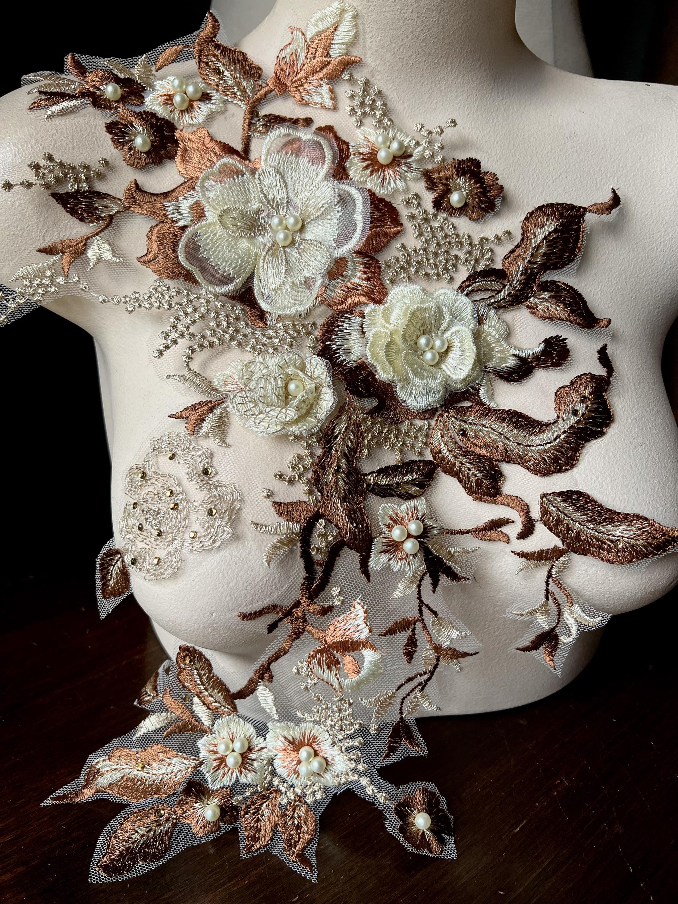 トップス MEDI VINTAGE FLOWER EMBROIDERY AMERI Bronze, Copper & Gold Color Floral Applique: Beaded 3D Embroidery