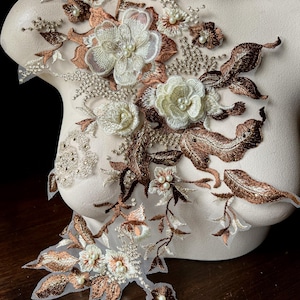 Bronze, Copper & Gold color Floral Applique: Beaded 3D Embroidery F15