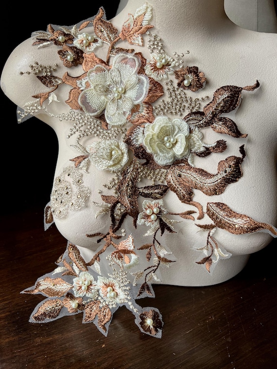 Bronze, Copper & Gold Color Floral Applique: Beaded 3D Embroidery