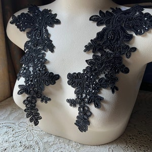 BLACK  Applique Beaded Lace Pair  for Lyrical Dance, Bridal, Headbands, Sashes, Costume Design PR 96 bl New Lot