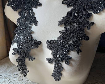 BLaCK Applique Beaded Lace Pair  for Lyrical Dance, Bridal, Headbands, Sashes, Costume Design PR 96 bl New Lot