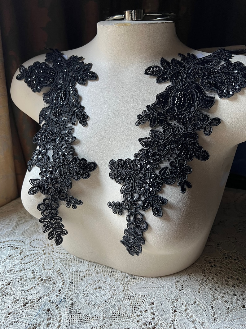 BLACK Applique Beaded Lace Pair for Lyrical Dance, Bridal, Headbands, Sashes, Costume Design PR 96 bl New Lot image 1