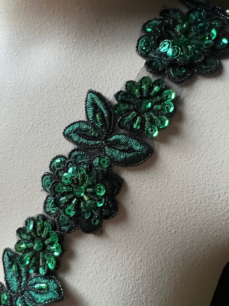 12 HUNTER GREEN Beaded Applique Trim for Lyrical Dance, Costume or Jewelry Design, Crafts TR 249 hunter image 2