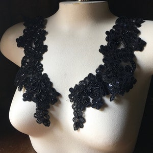 Black Beaded Lace Applique Pair: Glass Bead Floral Trim PR 612 bl NEW