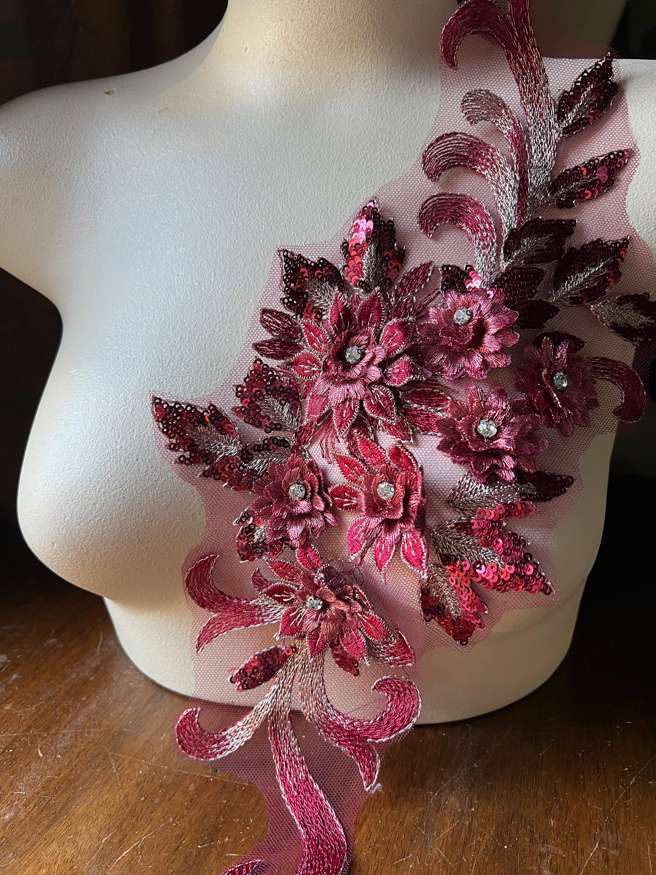 Burgundy & Gold 3D Applique with RHiNESTONES for Lyrical Dance, Ballet, Couture Gowns F76
