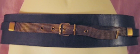 ITALIAN Black LEATHER Belt with BRASS Chain mail … - image 5