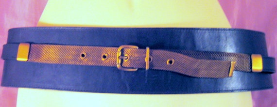 ITALIAN Black LEATHER Belt with BRASS Chain mail … - image 1