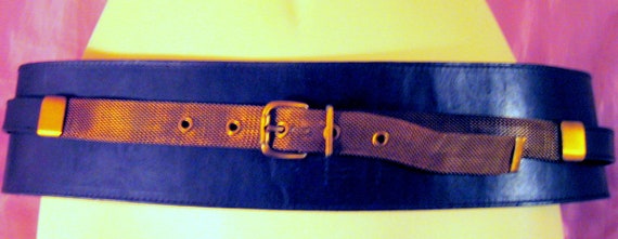 ITALIAN Black LEATHER Belt with BRASS Chain mail … - image 3