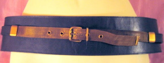 ITALIAN Black LEATHER Belt with BRASS Chain mail … - image 4