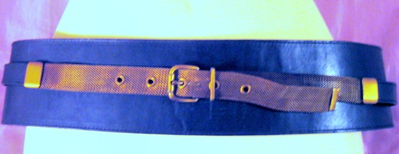 ITALIAN Black LEATHER Belt with BRASS Chain mail … - image 2