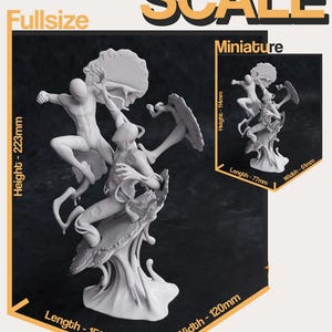 May include: A 3D printed miniature figurine set of two figures, one in a red and blue suit and the other in a black suit, fighting on a white, organic-shaped base. The set is shown next to a larger version of the same figurine set, with measurements in inches.