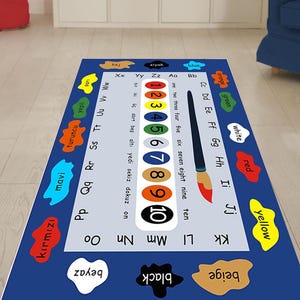 Tapete de brincar educacional para berçário com números e letras coloridas | Tapete de brincar para crianças | Tapetes modernos | Tapetes mais vendidos da Rustig | Tapete antiderrapante de penas