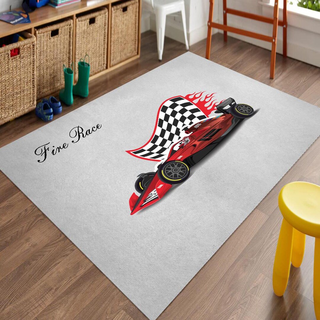 Fire Race Decorative Car Themed Kids Room Carpet | Modern Area Rugs ...