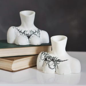 Tattoo-Inspired Female Torso Ceramic Vase – Hand-Painted Art Decor,  Sculpture Woman Breasts, Unique Custom Cozy Room Decor, Best Gift