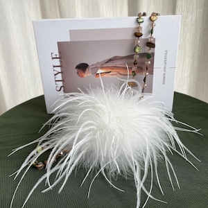 May include: A white feather accessory with long, wispy plumes. The accessory is paired with a beaded necklace featuring green, brown, and pink stones. A book with the word "STYLE" is in the background.