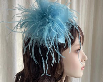 lake blue Feather Fascinator Hat Brooch, Handmade Large Feather Hair Clip, Race Day Tea Party Wedding Accessory