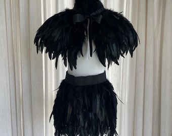 Black Gothic Feather Cape & Skirt Set | Halloween Cosplay Stage Costume