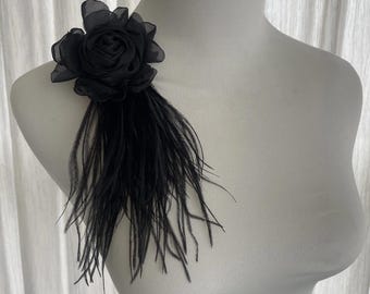 Black Silk Burnout Rose Ostrich Feather Brooch, Gothic Formal Corsage Accessory