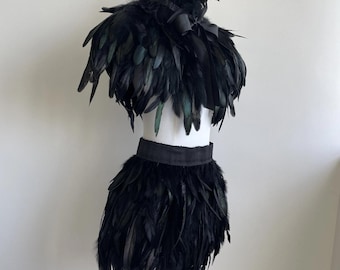 Black Gothic Feather Cape & Skirt Set | Halloween Cosplay Stage Costume