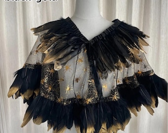 Black Gold Spider Tulle Feather Cape | Gothic Halloween Shawl, Stage Show Costume Cover Up
