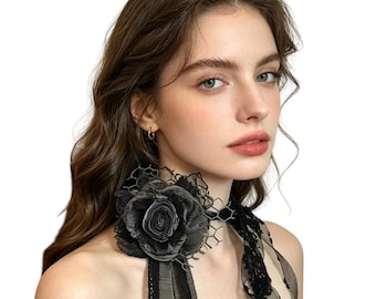 Gothic Black Rose Choker, French Romantic Distressed Lace Accessory, Multi-Wear Handmade Fabric Rose Choker