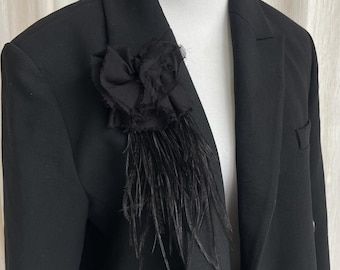 Handmade Silk & Ostrich Feather Brooch | Elegant Black/White Lapel Pin for Suits